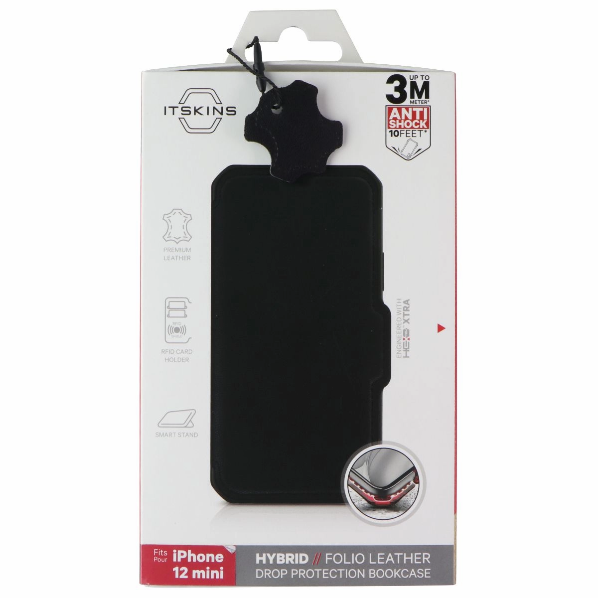 Compact Fit ITSKINS Hybrid // Folio Leather Wallet Case for Apple iPhone 12 Mini - Black