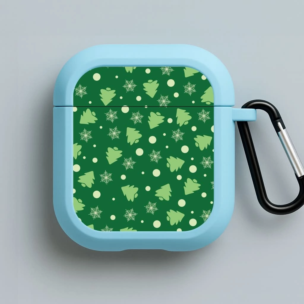 vivid color leather airpods protector custom printed travel protector Cartoon Christmas Trees And Snowflakes Pattern AirPods Case