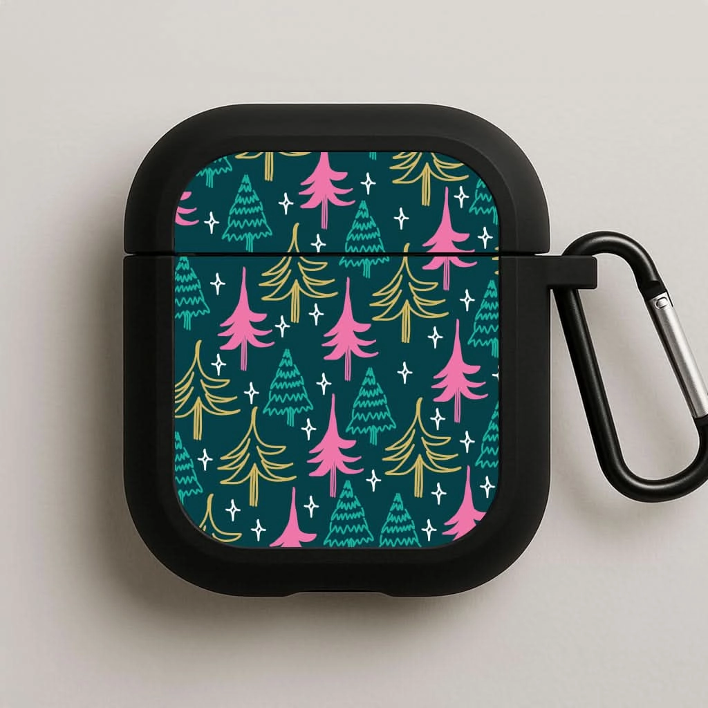 Stylish Design Case Colourful Sketched Christmas Trees Pattern AirPods Case