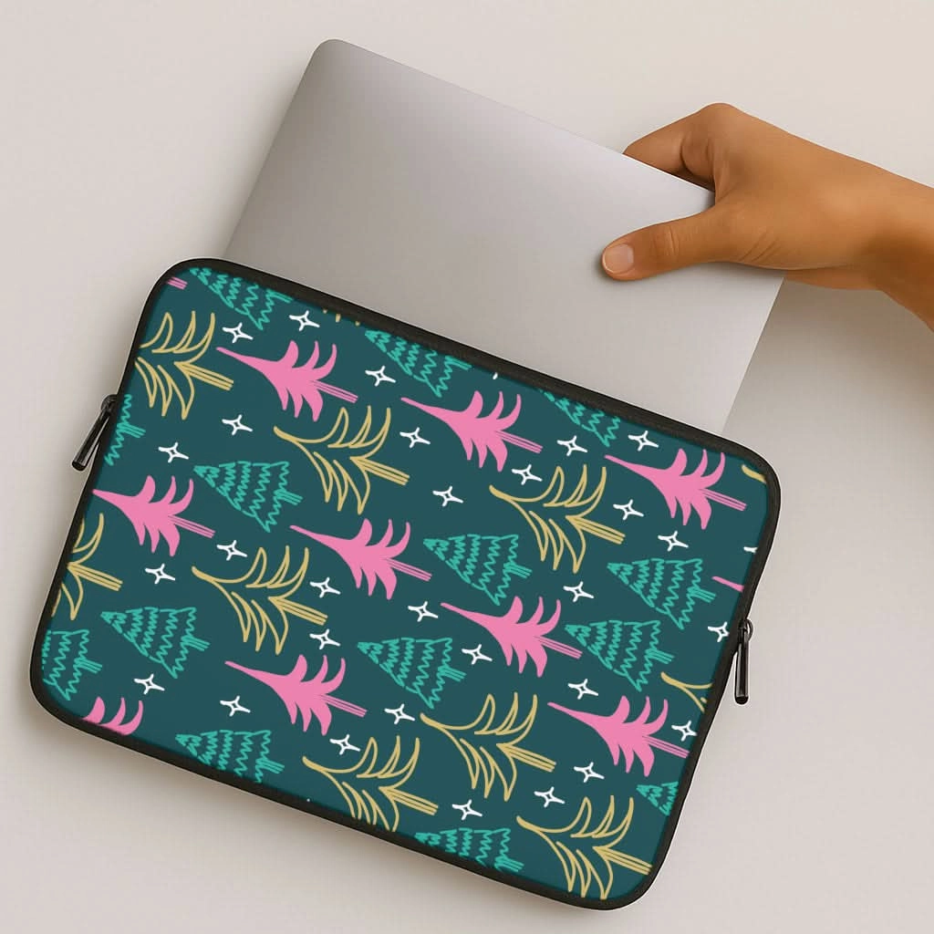 Colourful Sketched Christmas Trees Pattern Laptop Sleeve Gloss Layer Finish