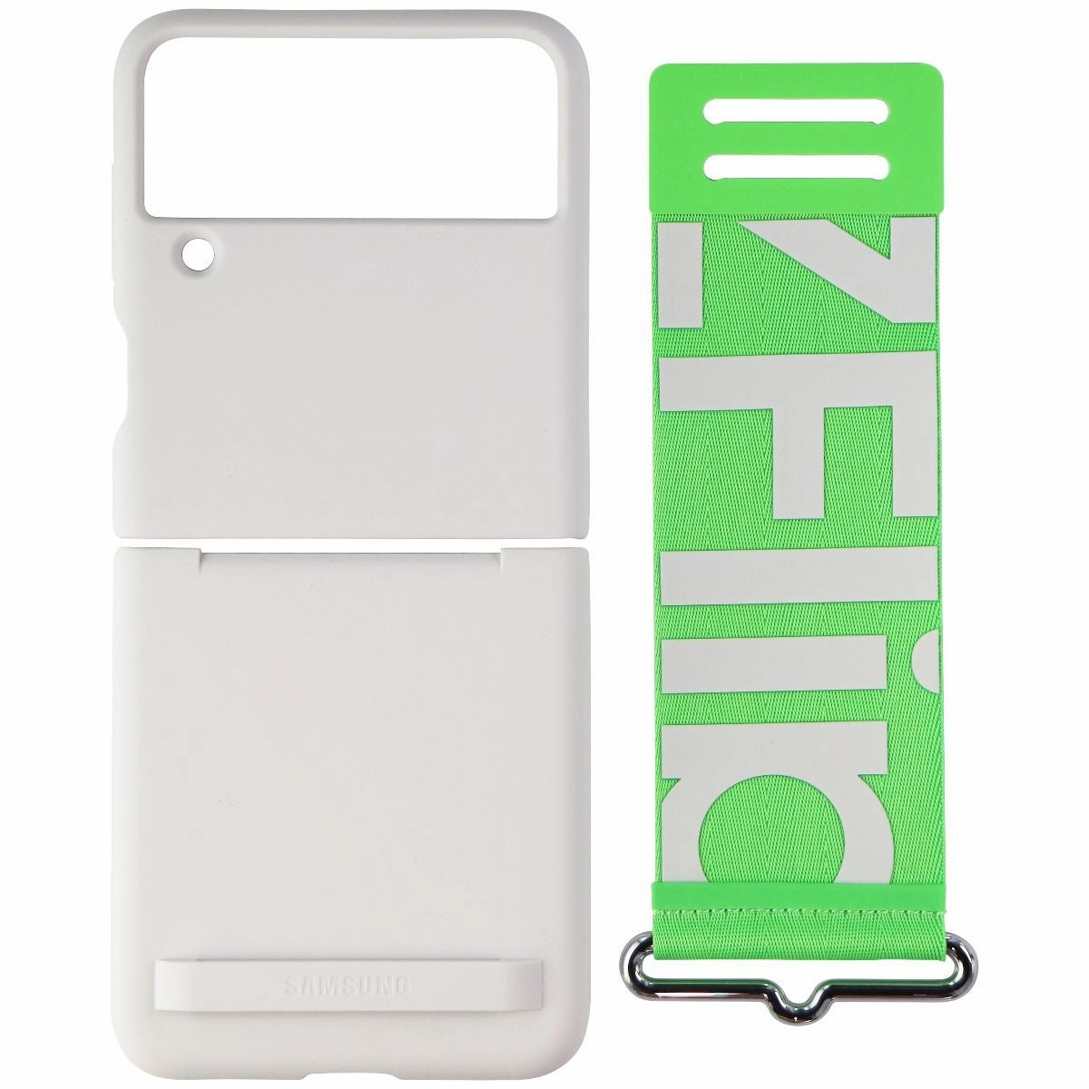 Samsung Silicone Cover with Strap for Galaxy Z Flip3 5G - White / Green Premium Pattern Design
