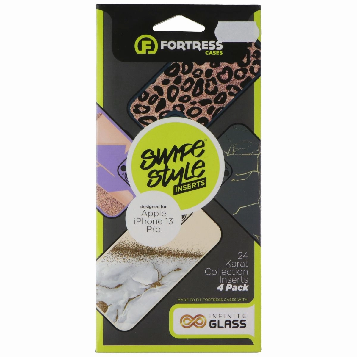 Fortress Swipe Style Inserts (4-Pk) for Apple iPhone 13 Pro 24 Karat Collection Drop Shield Minimal Look