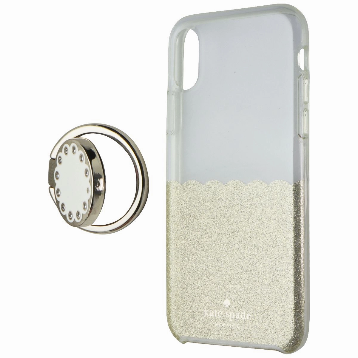 Kate Spade Ring Stand and Case for Apple iPhone X/iPhone XS - Clear/Gold Glitter Refined Finish Elegant Accent