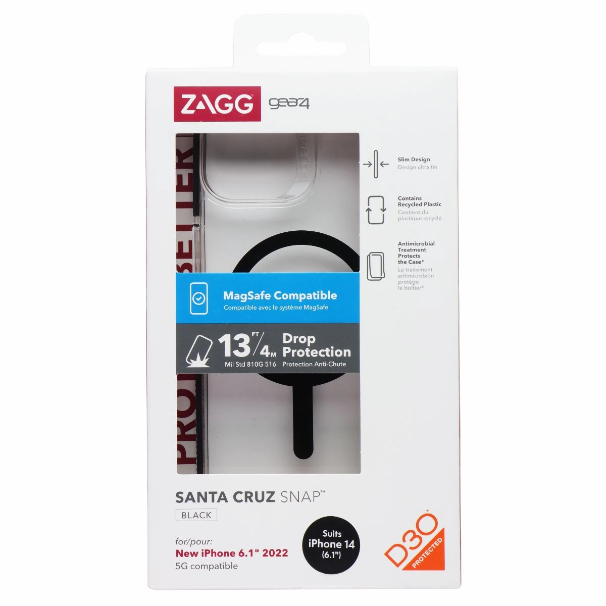 ZAGG Gear4 Santa Cruz Snap Case for MagSafe for Apple iPhone 14 - Black/Clear Flexible Design