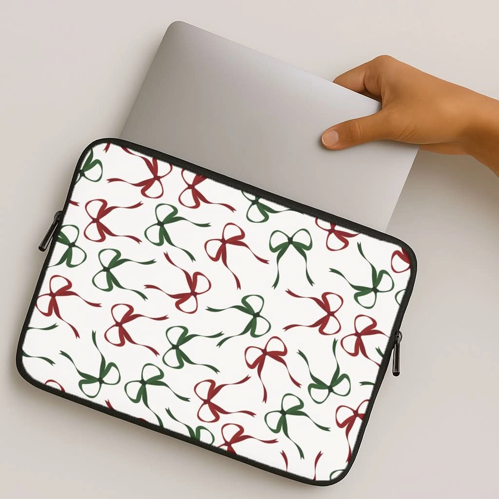 Red And Green Coquette Christmas Bows Pattern Laptop Sleeve Creative Artwork Matte Look
