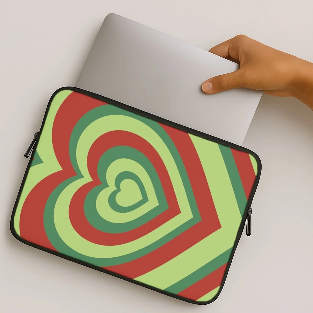 Red And Green Trippy Heart Christmas Pattern Laptop Sleeve Flexible Detail Design