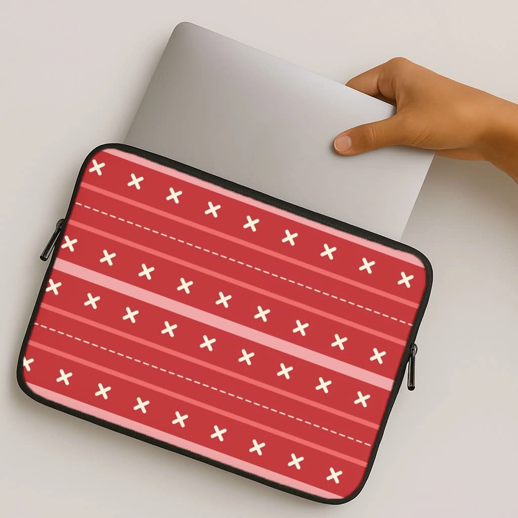 Durable Protection Layer Light Finish Stripes And Stitches Red Christmas Pattern Laptop Sleeve